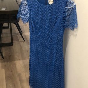 Reiss Short Sleeve Fitted Blue Dress With Beautiful Overlay Design